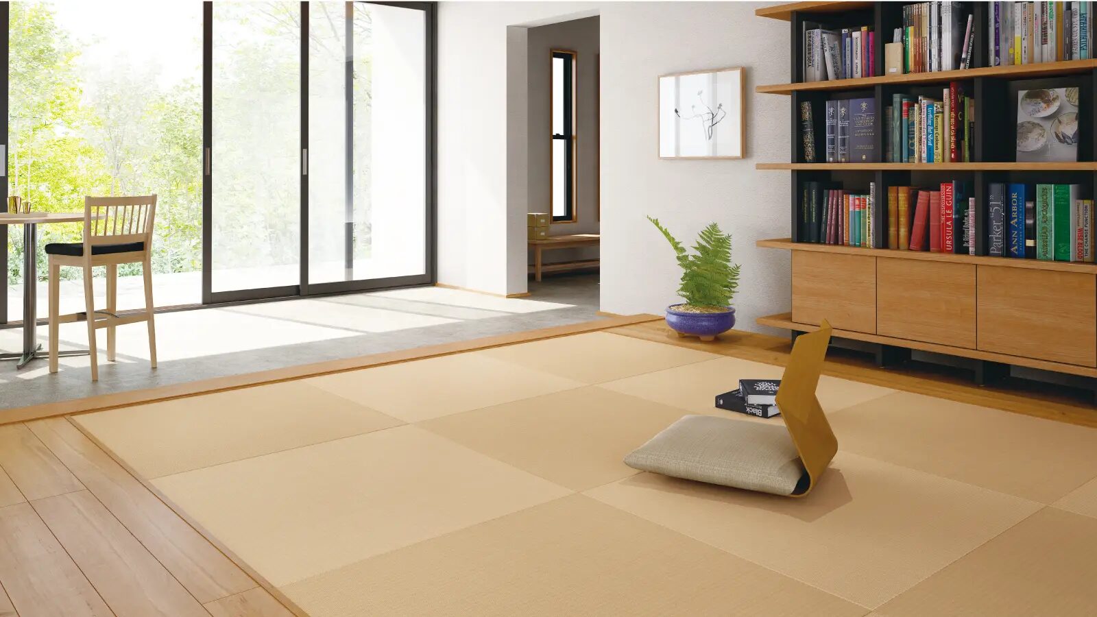 縁なしの畳を互い違いに敷き詰めたモダンな印象の部屋